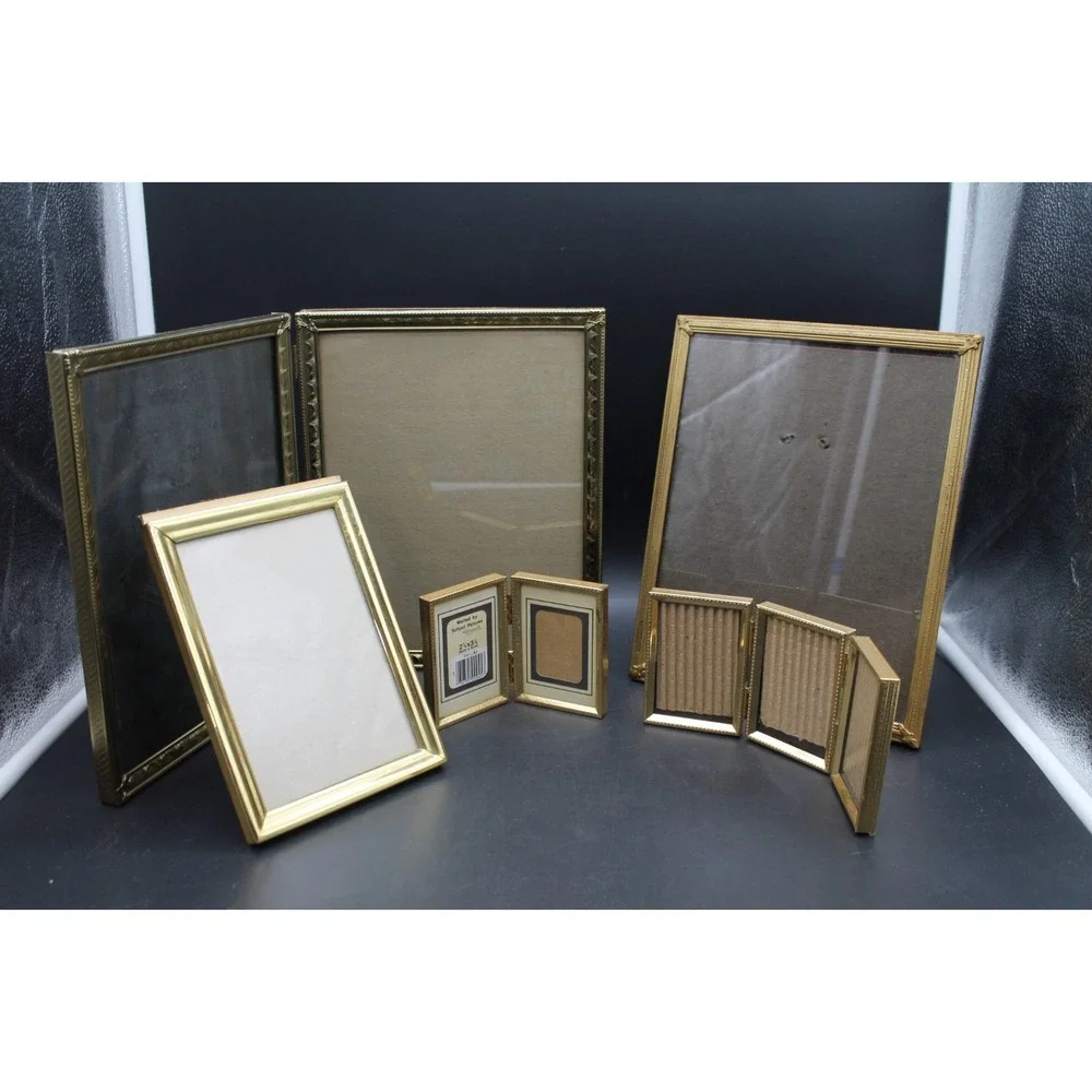 Vintage Brass Gold Tone Picture Frames Lot of 5 MCM Tabletop Hinged Mixed Sizes
